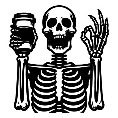 Skeleton with Coffee Cup Black Vector  Hands Up Pose Illustration clipart