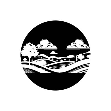 Bu dairesel siyah-beyaz çizim, huzurlu bir kırsal bölgeyi tasvir ediyor..