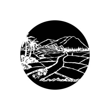 Dağların vektör simgeleri ve tarım arazisi siyah çember arkaplan