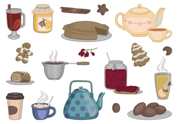 Set of cozy winter food, drink. Doodles of teapots, mugs, homemade bakery, honey, berry jam, cookies, mulled wine. Contemporary clip arts collection isolated on white. Vector illustrations.