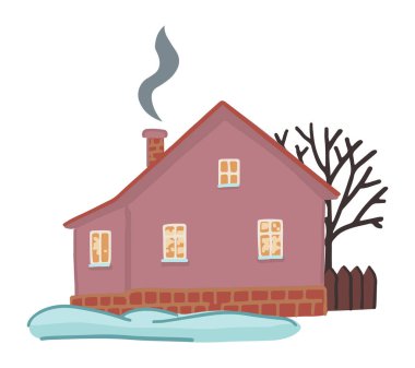 Sıcak kış zamanı evi. Karla kaplı kır manzarası. Çizgi film vektör çizimi. Çağdaş klip sanatı beyaza izole edildi.