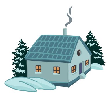 Sıcak kış zamanı evi. Karla kaplı kır manzarası. Çizgi film vektör çizimi. Çağdaş klip sanatı beyaza izole edildi.