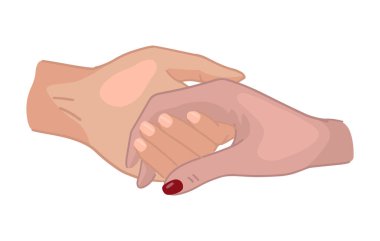 Birbirine aşık çiftlerin elleri. Destek jesti. Beyaz arkaplanda izole edilmiş Aziz Valentine bayram çizgi filmi vektör çizimi.