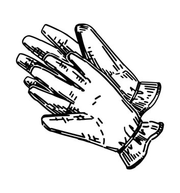 Bahçe eldivenleri karalama yapıyor. Bahçıvanlık aksesuarı çizimi. İşleme biçimindeki vektör illüstrasyonu beyaza izole edildi.