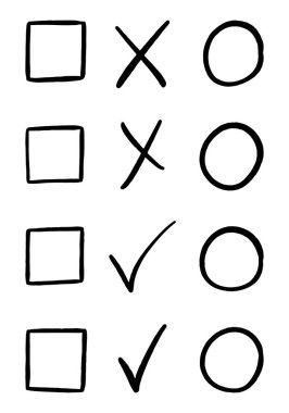 Kareler, daireler, işaretler, haçlar. Boş şablonu karalama biçiminde listelemek için. Günlük planlama, günlük, not için tırman. El çizimi vektör tasarım elemanı. Siyah çizgi beyaz üzerine izole edilmiş.