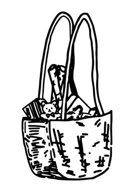 Çocukların hediyeleriyle dolu bir poşet. Noel tatili konforlu eşya taslağı. El çizimi vektör çizimi. Tek ana hatlı clipart beyaz üzerinde izole..