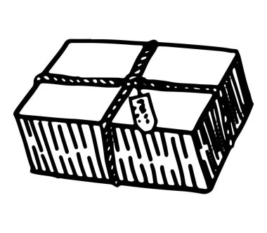 Kare şeklinde hediye kutusu. Tatil özeti skeci. El çizimi vektör çizimi. Tek ana hatlı clipart beyaz üzerinde izole.