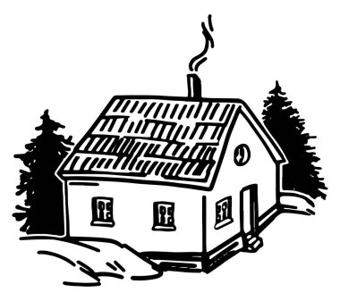 Sıcak kış zamanı evi. Karla kaplı kır manzarası. El çizimi vektör çizimi. Tek çizgi sanatı beyaza izole edilmiş..