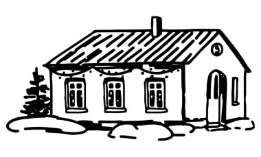 Sıcak kış zamanı evi. Karla kaplı kır manzarası. El çizimi vektör çizimi. Tek çizgi sanatı beyaza izole edilmiş..