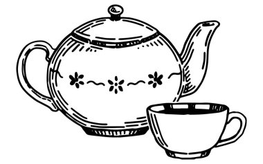 Çay fincanı ve çaydanlık. Güzel içecek malzemelerinin ana hatları. El çizimi vektör çizimi. Beyaz arkaplanda tek bir clipart izole.
