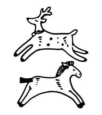 Çocukların oyuncak hayvanlarının karalaması. At ve geyik heykelciklerinin taslağı. El çizimi vektör çizimi. Kırpma sanatları beyazda izole..