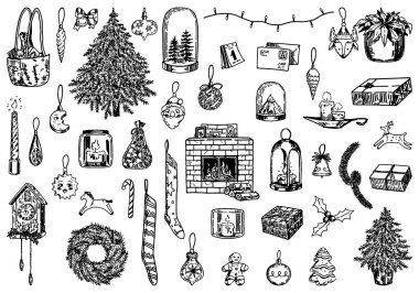 Bir dizi Noel karalaması. Noel süslemeleri, ağaçlar, çelenkler, çelenkler, mumlar, hediyeler. El çizimi vektör çizimleri. Taslak resim koleksiyonu beyaza izole edildi..