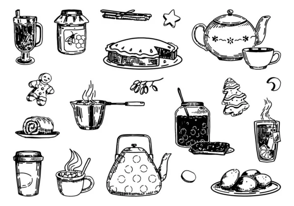 Set of cozy winter food, drink. Doodles of teapots, mugs, homemade bakery, honey, berry jam, cookies, mulled wine. Hand drawn vector illustrations. Outline clip arts collection isolated on white..
