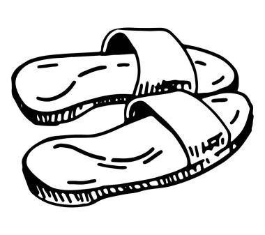 Plaj terlikleri Clipart 'ın taslağını çiziyor. Yazlık ayakkabılar, aksesuar karalama beyazı. Oyma biçiminde elle çizilmiş vektör illüstrasyonu.