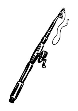 Balıkçı oltası taslak klipsi. Beyazlara izole edilmiş yaz sporları hobisi. Oyma biçiminde elle çizilmiş vektör illüstrasyonu.