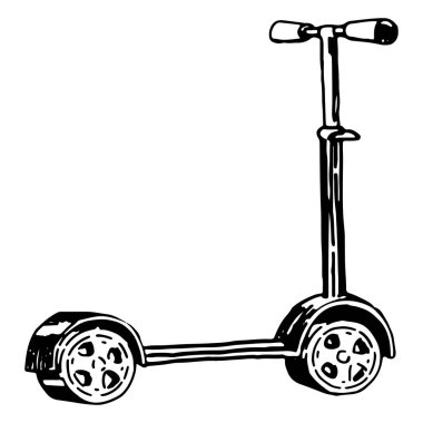 Scooter 'ı tekmele, skeç klibi. Beyazlara izole edilmiş yaz tatili aktiviteleri. Oyma biçiminde elle çizilmiş vektör illüstrasyonu.