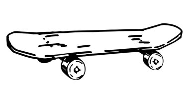 Kaykay skeç klibi. Beyazlara izole edilmiş yaz tatili aktiviteleri. Oyma biçiminde elle çizilmiş vektör illüstrasyonu.