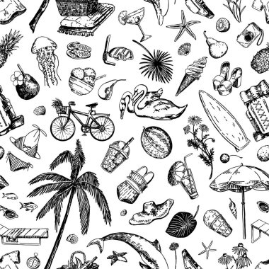 Skeç tarzında bir yaz süsü. Yaz aktivitelerinin, boş zamanların, yiyeceklerin, bitkilerin, hayvanların kusursuz bir düzeni. Soyut özet çizim tasarımı.