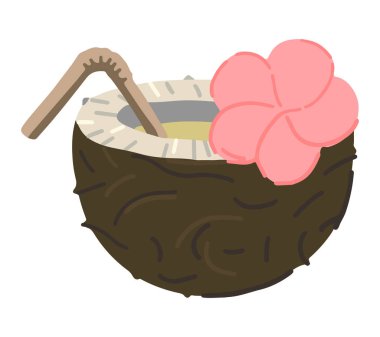 Hindistan cevizli tropik kokteyl. Beyaz üzerine izole edilmiş yaz içeceğinin bir parçası. Çizgi film tarzında renkli vektör illüstrasyonu..