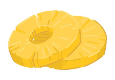 Ananas dilimleri kırpılır. Beyaza izole edilmiş taze egzotik meyve karalamalarından kesilmiş halkalar. Çizgi film tarzında renkli vektör illüstrasyonu..