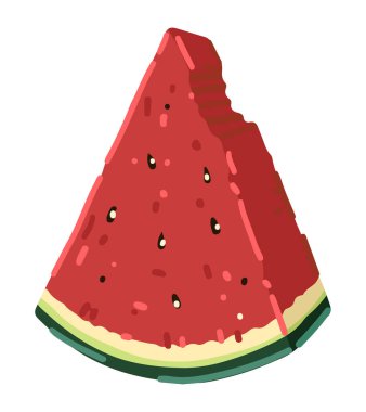 Isırılmış karpuz parçası. Beyaza izole edilmiş taze tropikal meyve karalaması. Çizgi film tarzında renkli vektör illüstrasyonu..