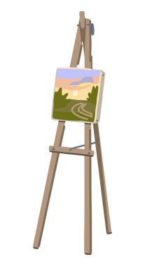 Sanatçı plein air easel clipart. Yaz tatili aktivitesi karalama klibi beyaza izole edilmiş. Çizgi film tarzında renkli vektör illüstrasyonu..