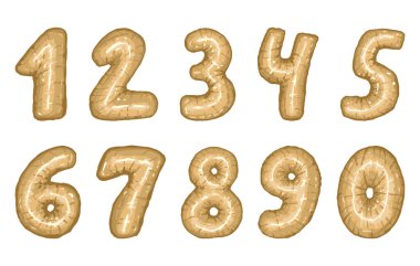 Altın renkli balon numaraları. El çizimi vektör çizimi. Doğumgünü partisi için tırmanışlar beyazda izole edildi..