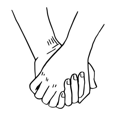 Birbirine aşık çiftlerin elleri. El ele tutuşun, el kol hareketi yapın. El çizimi vektör çizimi. Beyaza izole edilmiş basit bir çizim. Aziz Valentine tatil tasarımı, baskısı, kartı, dekoru, çıkartması için Contour çizimi.