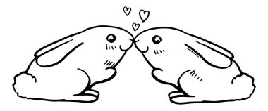 Bir çift öpüşen tavşan. El çizimi vektör çizimi. Romantik hayvanlar beyaza izole edilmiş bir taslak çizerler. Aziz Valentine bayram tasarımı, baskı, kart, çıkartma, dekor, poster çizimi için hoş bir görünüm..