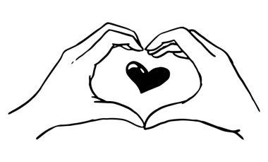 Kalp jesti, kalp şeklinde eller. El çizimi vektör çizimi. Beyaza izole edilmiş basit bir çizim. Aziz Valentine tatil tasarımı, baskı, kart, çıkartma, dekor, poster çizimleri