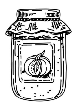 Jar of pumpkin jam sketch. Doodle of sweet homemade autumn season food. Hand drawn vector illustration. Single clip art isolated on white..
