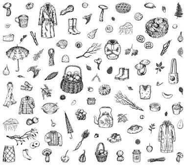 Autumn time clipart collection. Sketches set of fall harvest, mushrooms, fallen leaves, plants, accessories, cloth, foods. Hand drawn vector illustrations isolated on white..