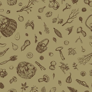 Autumn harvest vector seamless pattern. Ornament of seasonal vegetables, fruits, mushrooms, fallen leaves, branches, berries, pine cones. Hand drawn retro style design..