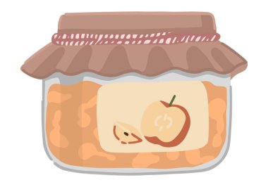 Bir kavanoz elma reçeli. Tatlı ev yapımı sonbahar yemekleri karalaması. Çizgi film vektör çizimi beyaz arkaplanda izole edildi..