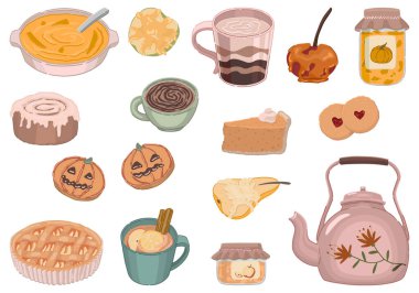 Cartoon clipart set of autumn food, drinks. Doodles of cozy beverages, homemade bakery, berry jam, cookies, baked apples and pears. Modern vector illustrations collection isolated on white..