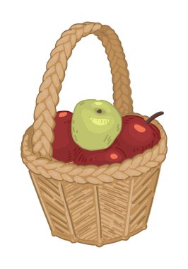 Hasır elma sepetine tırman. Sonbahar bahçe hasadının karalamaları. Çizgi film vektör çizimi beyaz arkaplanda izole edildi..