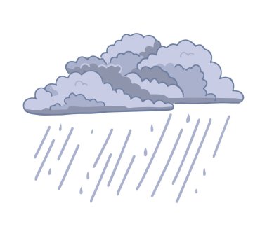 Doodle of rain clouds. Cartoon clipart of wet weather symbol. Contemporary vector illustration isolated on white background..