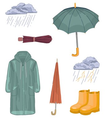 Set of rainy weather attributes. Doodles of raincoat, rubber boots, umbrellas, thunder clouds. Cartoon vector illustrations collection isolated on white background..