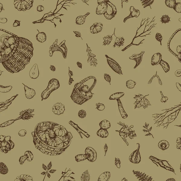 Autumn harvest vector seamless pattern. Ornament of seasonal vegetables, fruits, mushrooms, fallen leaves, branches, berries, pine cones. Hand drawn retro style design..