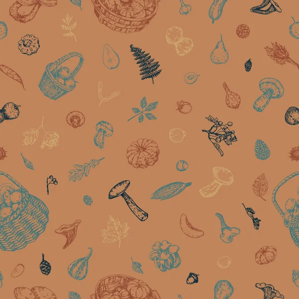 Autumn harvest vector seamless pattern. Ornament of seasonal vegetables, fruits, mushrooms, fallen leaves, berries, pine cones. Hand drawn retro style design for background, wallpaper, decor..