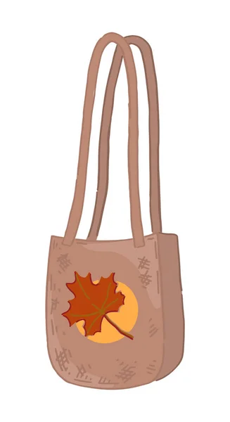 Doodle of tote eco bag with autumn print. Cartoon clipart of handle bag shopper. Vector illustration isolated on white background..