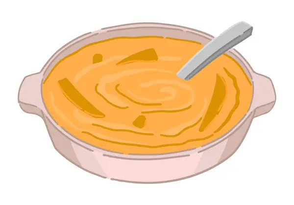 Doodle of bowl of pumpkin porridge. Autumn season food clipart isolated on white background. Vector illustration in cartoon style..