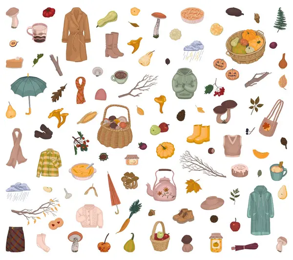 Autumn time clipart collection. Doodles set of fall harvest, mushrooms, fallen leaves, plants, accessories, cloth, foods. Cartoon vector illustrations isolated on white..