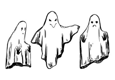 Hayaletler seti, korkunç hayalet canavarlar karalıyor. Cadılar Bayramı el çizimi vektör çizimi. Koyu temalı mürekkep taslak koleksiyonu beyaza izole edildi.