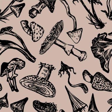 Zehirli mantarlar dikişsiz desen. Sonbahar ormanlarının süsü. Retro tarzda vektör illüstrasyonu. Cadılar Bayramı dekoru, duvar kağıdı, arkaplan için soyut tasarım.