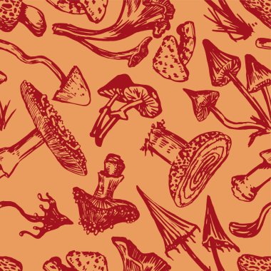 Zehirli mantarlar dikişsiz desen. Sonbahar ormanlarının süsü. Retro tarzda vektör illüstrasyonu. Cadılar Bayramı dekoru, duvar kağıdı, arkaplan için soyut tasarım.