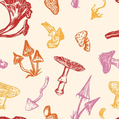 Zehirli mantarlar dikişsiz desen. Sonbahar ormanlarının süsü. Retro tarzda vektör illüstrasyonu. Cadılar Bayramı dekoru, duvar kağıdı, arkaplan için soyut tasarım.