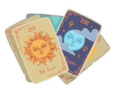 Tarot kartları dağılıyor. Doğaüstü olaylar, falcılık, cadılık, kehanet, sihirli eşyalar. Cadılar Bayramı karalaması beyaza izole edilmiş. Çizgi film tarzında renkli vektör illüstrasyonu..