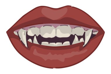 Vampir ağzı, açık dudaklar, uzun dişler. Güzel kadın dudakları ve sivri dişleri. Çizgi film tarzında Cadılar Bayramı vektör illüstrasyonu. Koyu temalı Clipart beyaz üzerine izole..