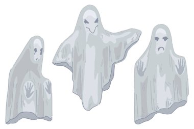 Hayaletler seti, korkunç hayalet canavarlar karalıyor. Çizgi film tarzında Cadılar Bayramı vektör illüstrasyonu. Koyu tema, beyaz üzerine izole edilmiş koleksiyon..